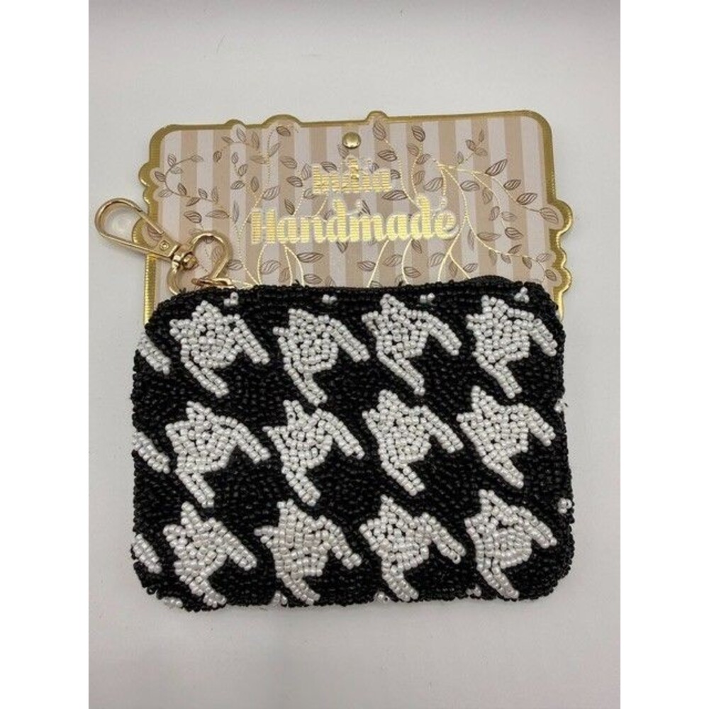 India Handmade Beaded Coin Purse Black White Houndstooth Keychain Zip Pouch